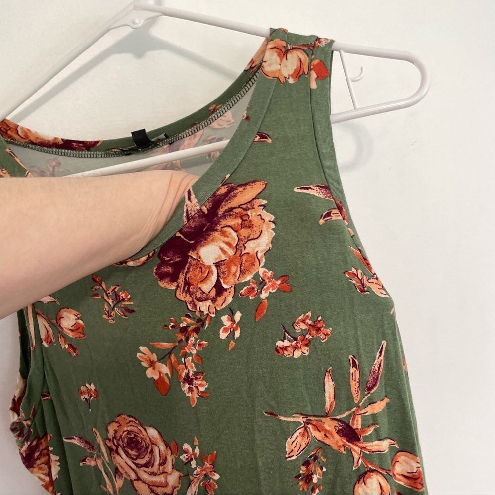 LILY ROSE Olive Green Peach Orange Floral Ruffle Sleeveless Mini Fit Flare Dress - Picture 5 of 12